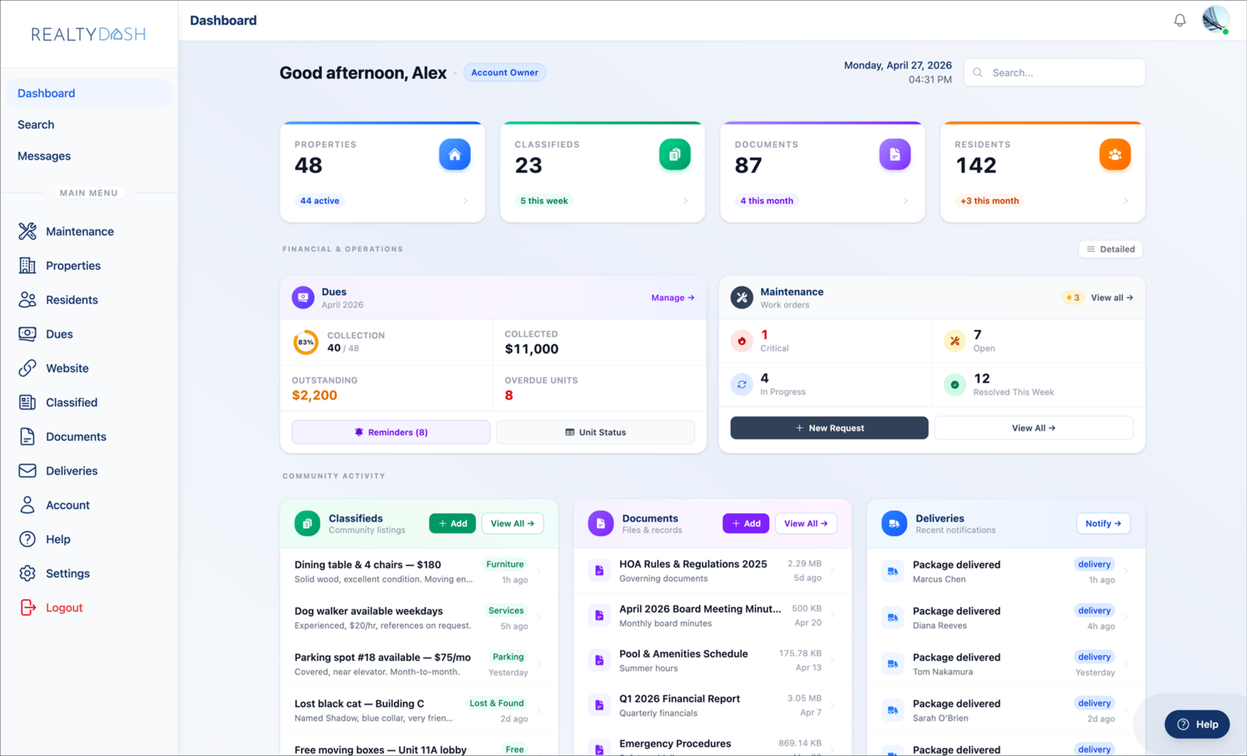RealtyDash Dashboard — properties, documents, residents, and deliveries all in one place