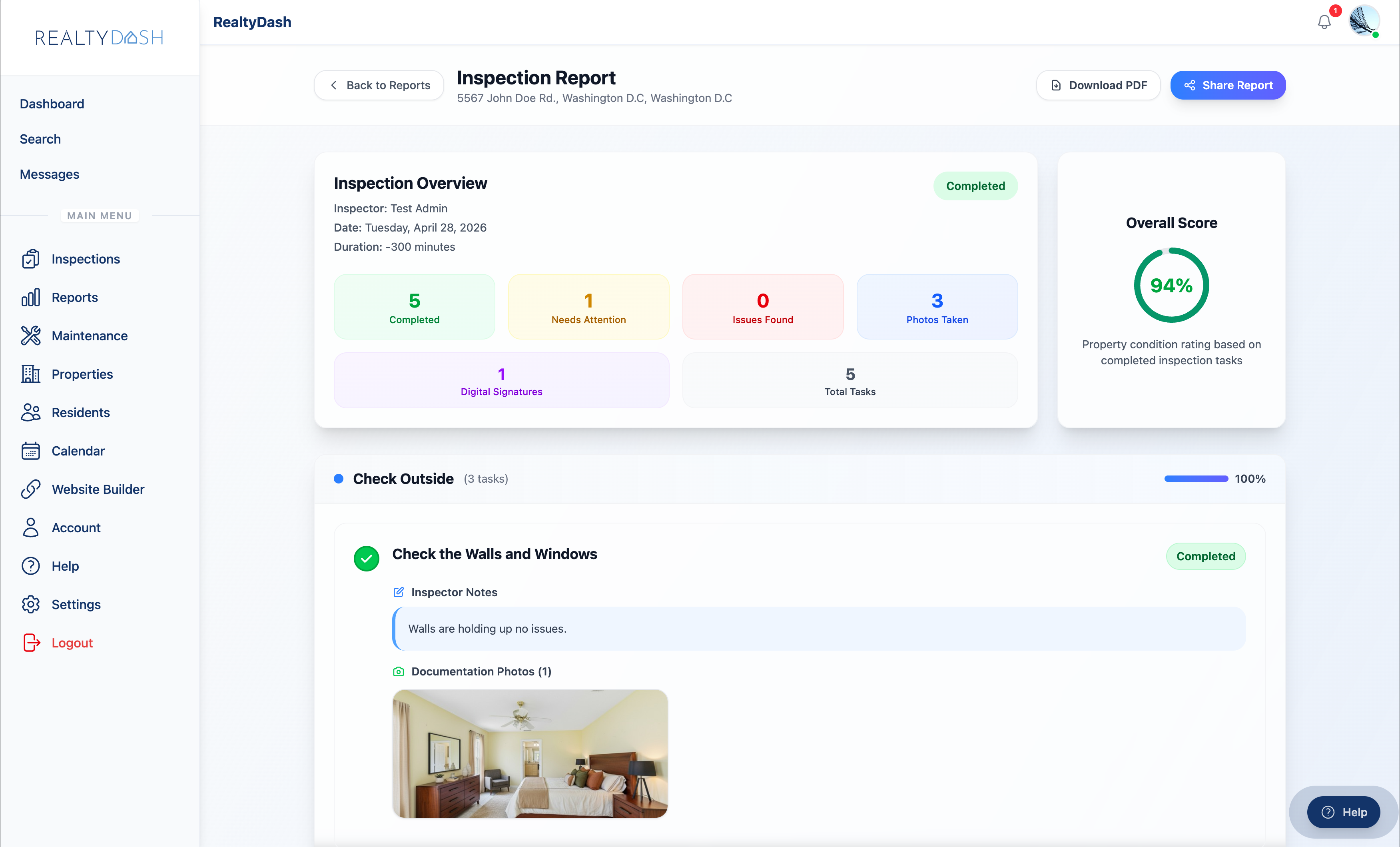 RealtyDash inspection report with photos and observations