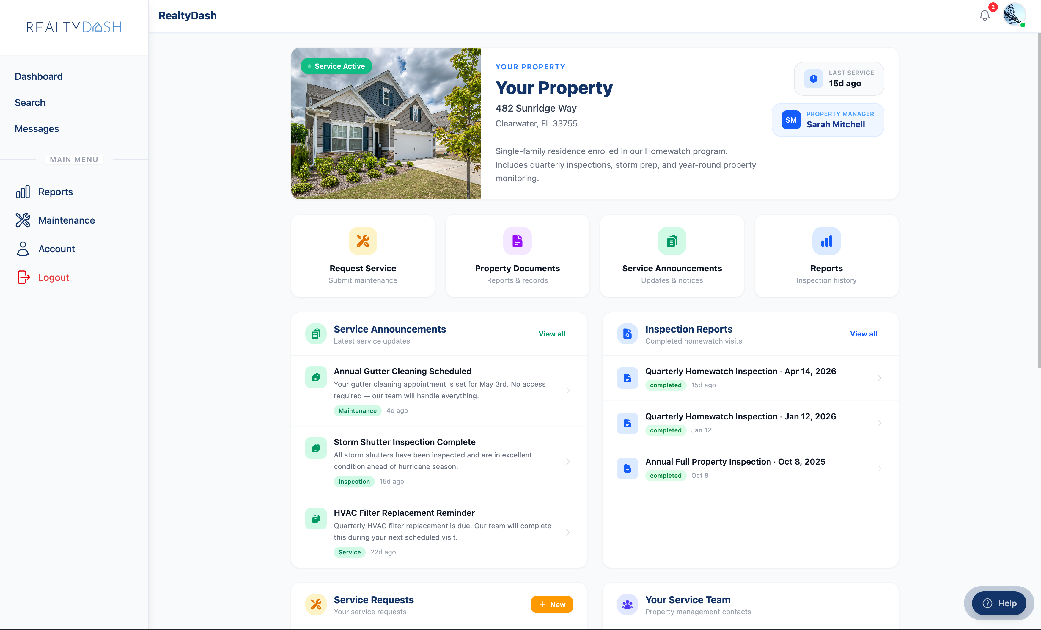 RealtyDash homeowner client portal showing visit history